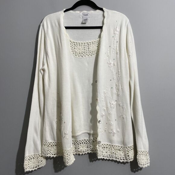 Teddi Knit Cardigan – Embroidered Floral Cream Sweater, Size Large, Soft Cottage - Picture 3 of 15